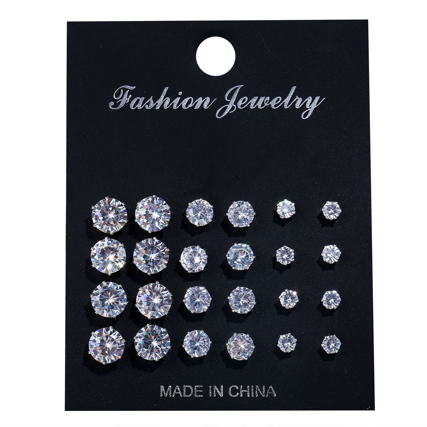 Round Six-claw Crystal Zircon Set 12 Pairs Of Ear Studs