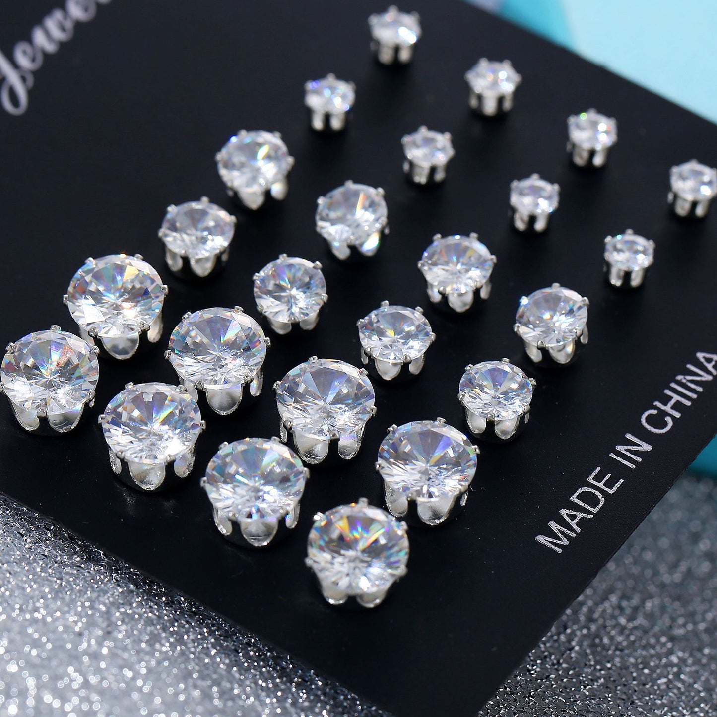 Round Six-claw Crystal Zircon Set 12 Pairs Of Ear Studs